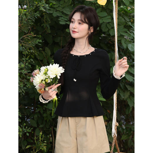 鹿向南「半岛弥香」黑色蝴蝶结T恤长袖女春季收腰显瘦高级感上衣 商品图3