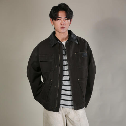 DRONKOO 2026 翻领领撞皮领前四口袋斜纹布巴恩风中厚夹克 商品图1