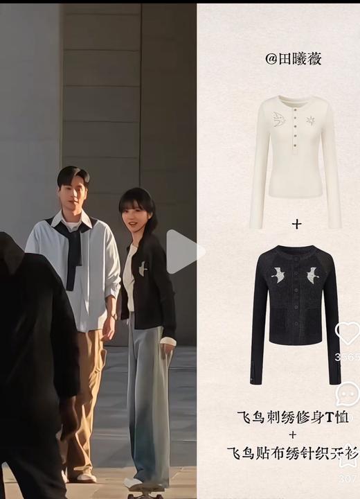 田曦薇谭松韵同款羽影星踪飞鸟刺绣修身长袖打底衫T 商品图5