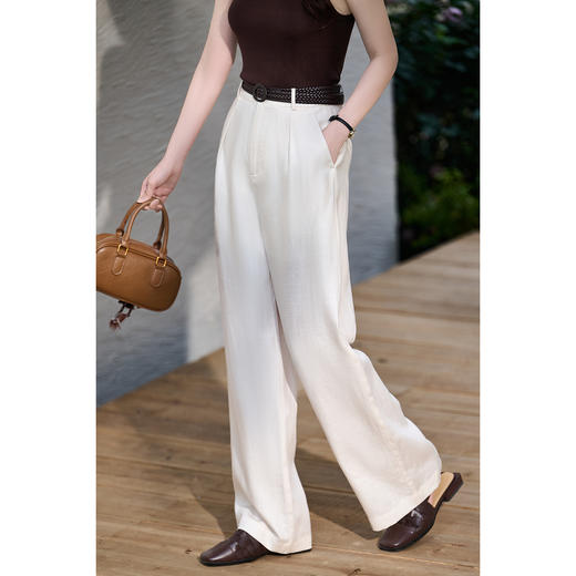 天丝亚麻休闲裤 透气舒适 米思阳2026春季新款老钱风百搭休闲舒适直筒休闲裤女6079 商品图2