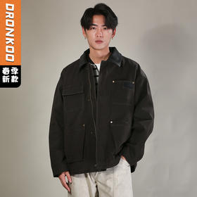 DRONKOO 2026 翻领领撞皮领前四口袋斜纹布巴恩风中厚夹克