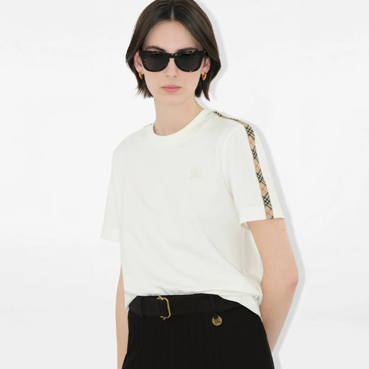 BURBERRY 巴宝莉 女士马术骑士徽标刺绣格纹装饰棉质圆领短袖T恤 白色 8106280 B8764 商品图2