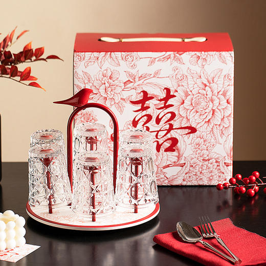 摩登主妇玻璃杯结婚新婚礼物家用喝水杯带旋转杯架杯子套装饮料杯 商品图0