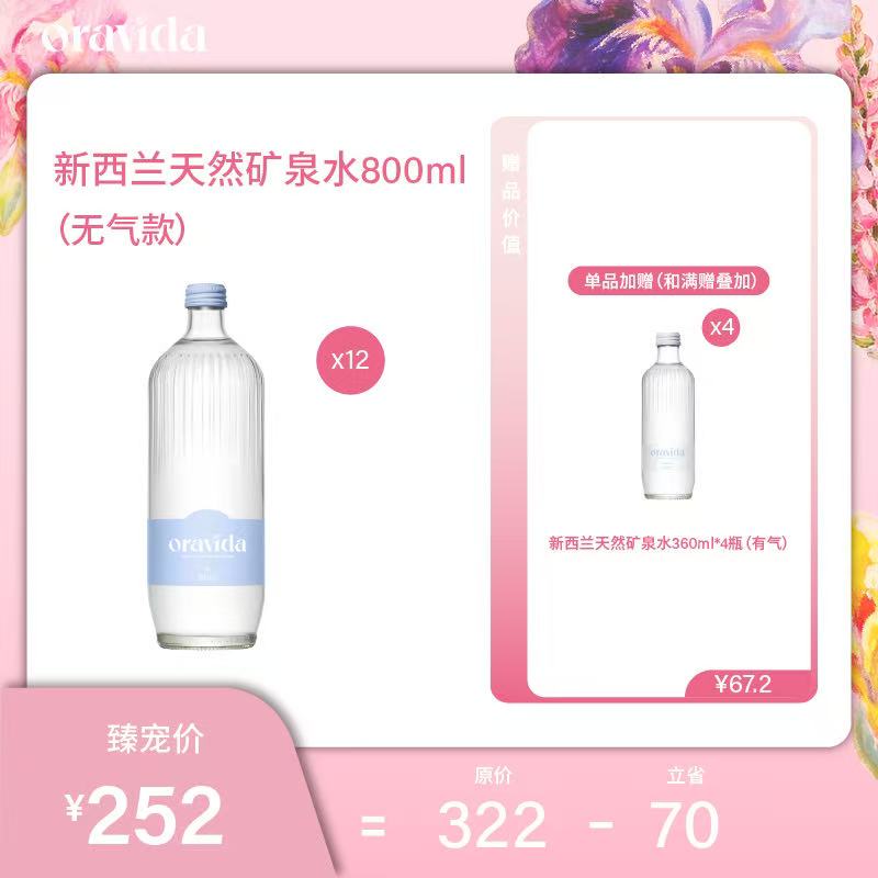 【女神节】12瓶兰维乐新西兰天然矿泉水(无气)800ml+赠360ml含气矿泉水4瓶