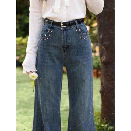 鹿向南「星光丹宁」复古蓝色微喇牛仔裤女春气质高腰显瘦烫钻长裤 商品图1