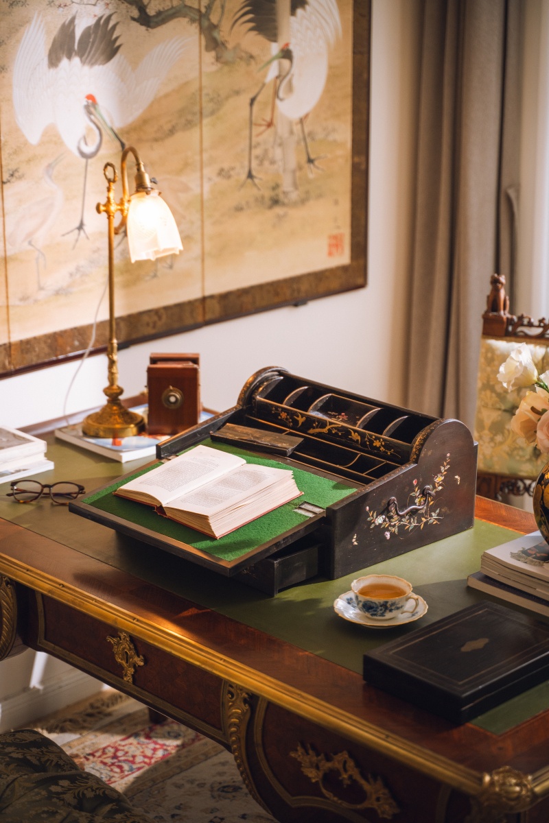 独角鹿西洋古董19世纪日本明治时期出品寄木细工莳绘卷帘写字盒