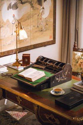 独角鹿西洋古董19世纪日本明治时期出品寄木细工莳绘卷帘写字盒