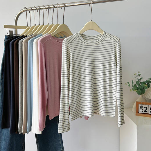 春夏季新款福利【软糯天丝羊毛打底衫限时立减40元】时尚百搭 韩系圆领长袖T恤内搭上衣 商品图3