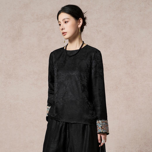 QS中式提花刺绣长袖衬衫含桑蚕丝圆领贵气设计感上衣0001 商品图2