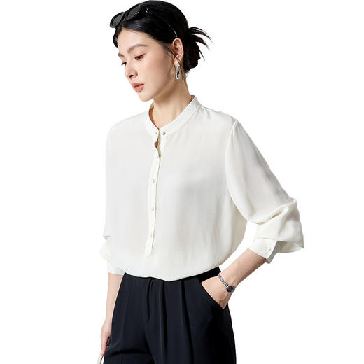 QS春简约通勤衬衫23姆米丝粘重绉立领垂坠显瘦蚕丝上衣2167 商品图4