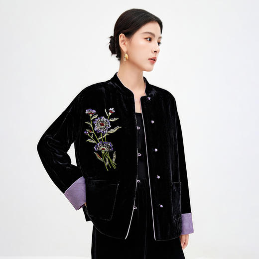 QS100%桑蚕丝底布中式真丝丝绒外套重工刺绣高级感上衣3863 商品图2