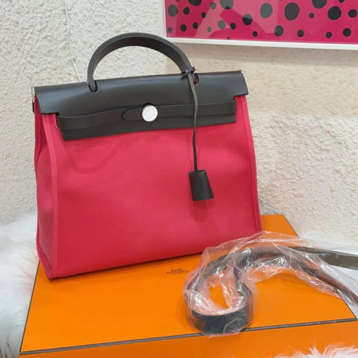 爱马仕 herbag31 帆布拼皮 杜鹃红 斜挎包 商品图0