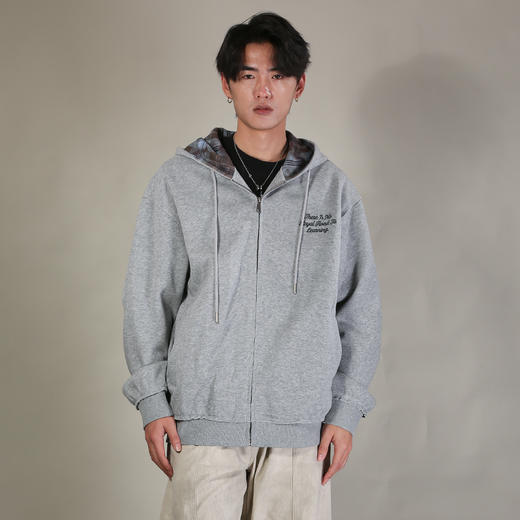 DRONKOO 2026 连帽帽里撞格纹左印花微阔卫衣料中厚开衫 商品图2