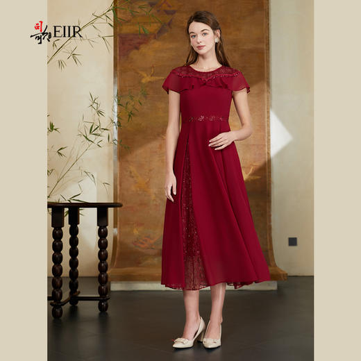 司歌喜庆红裙礼服连衣裙收腰拼蕾丝A911145X 商品图4