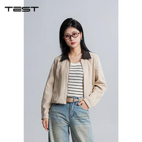 春上新复古拼接翻领外套设计感拉链休闲拉链夹克女2261032