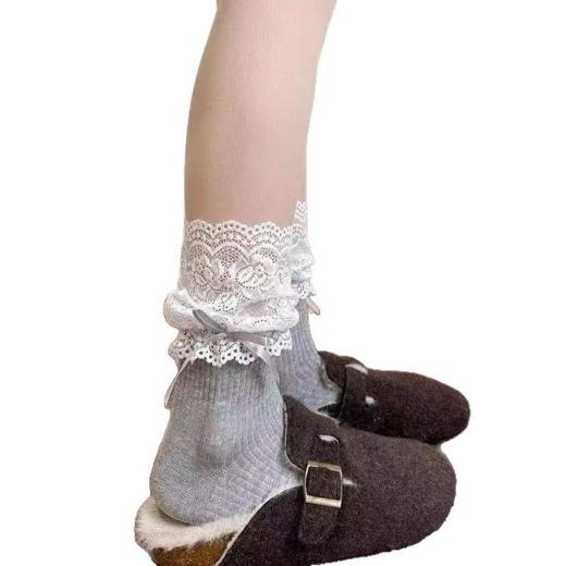 【miu系精梳棉芭蕾风花边袜子】女发热袜秋冬灰色堆堆小腿袜配长筒靴 商品图3