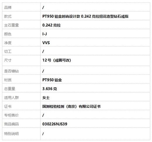 【天然正品】PT950铂金时尚设计款0.242克拉扭花造型钻石戒指 12号（戒圈可改）030226NJS39 商品图9