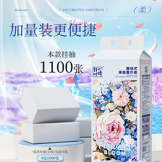 「两提装！五层加厚」蓝漂玫瑰图案悬挂式本色抽纸纸巾居家日用五层实惠装大尺寸面巾纸 商品图1