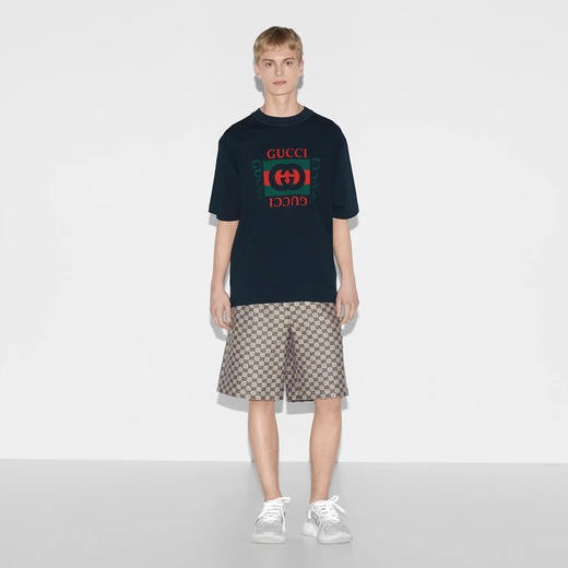 GUCCI 古驰 男士字母徽标印花针织棉质圆领短袖T恤 深蓝色 784361 XJGKA 4735 商品图5