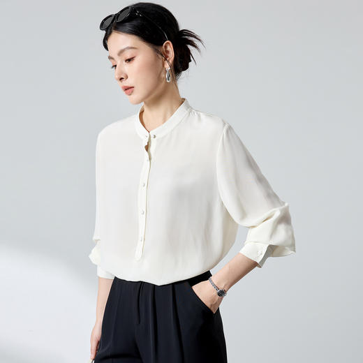 QS春简约通勤衬衫23姆米丝粘重绉立领垂坠显瘦蚕丝上衣2167 商品图1