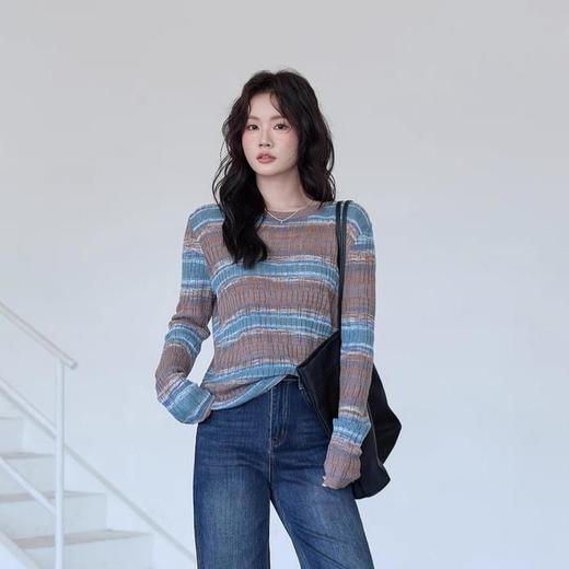 春季上新【衣本素 圆领撞色条纹镂空精纺针织衫】把彩虹穿在身上  多巴胺渐变色调   10%羊毛精纺针织 商品图1