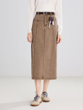 【百图lulu定制】【双影牛仔半裙】【送皮带】 复古 卡其色  直筒  显瘦高腰半身裙