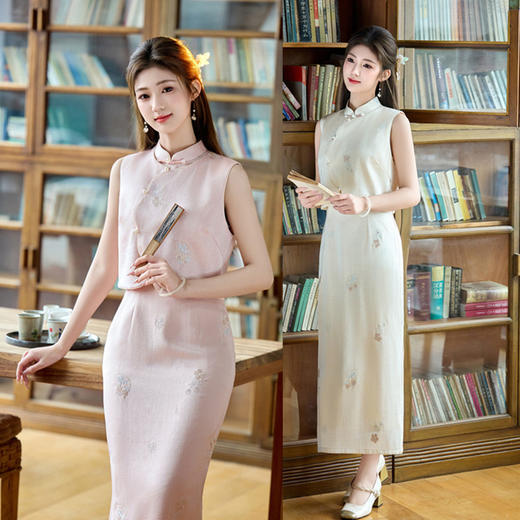 仿醋酸绣花改良新中式长款港风无袖旗袍2026春夏新款垂感马甲套装GX-211158 商品图3