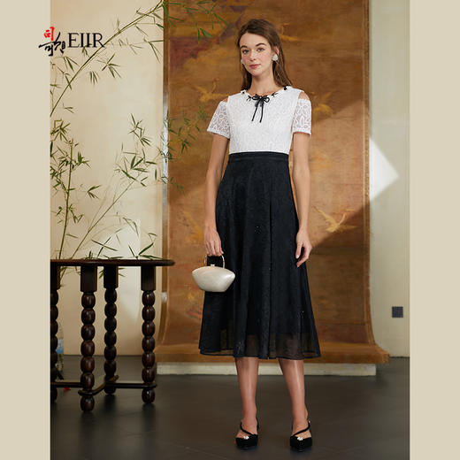 司歌黑白拼色蕾丝连衣裙夏短袖收腰A911061x 商品图1