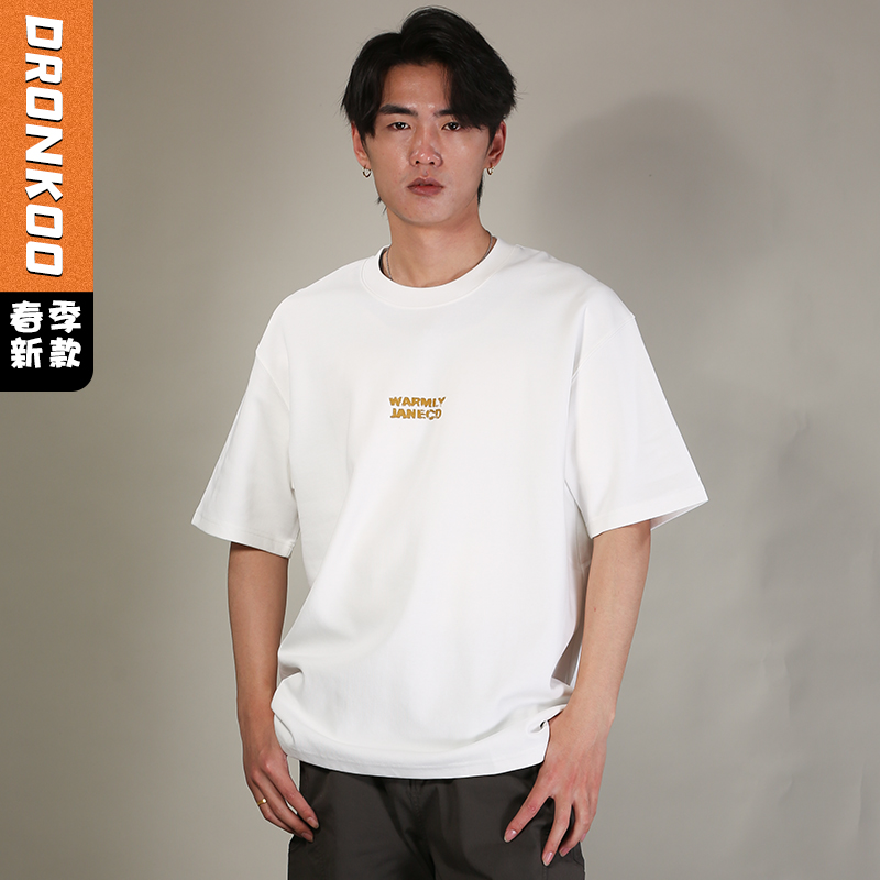 DRONKOO 2026 圆领前后双排撞色同色字母微阔短袖T恤