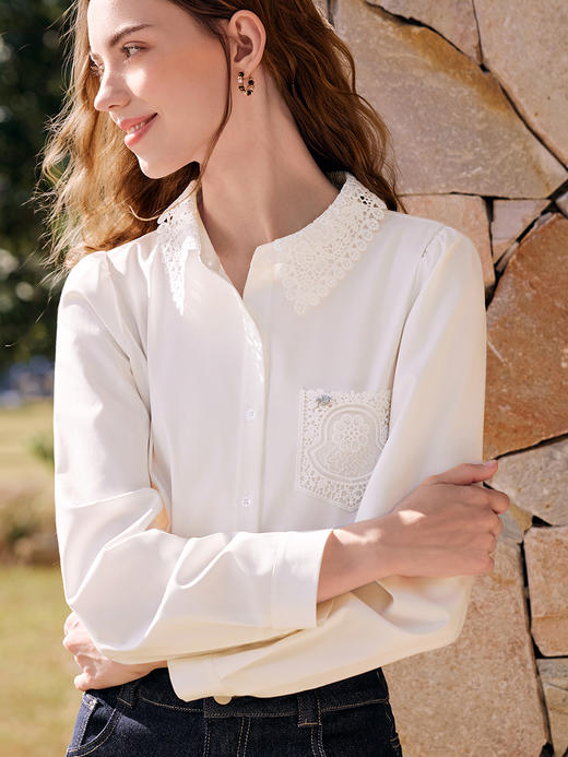【百图lulu定制】【维纳斯衬衫】 蕾丝 钩花翻领白色长袖衬衫 商品图0