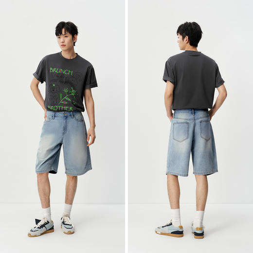 森马牛仔裤男夏轻薄凉感宽松直筒裤2026新款复古做旧水洗六分短裤 商品图4