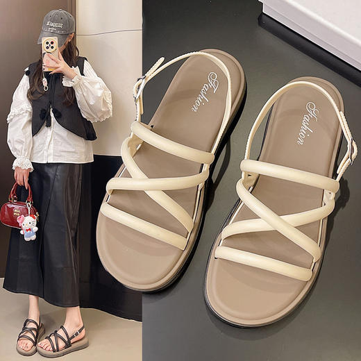 【19.9抢❗️夏日百搭厚底凉鞋】流畅交叉细带 + 低饱和奶油色，温柔又显脚白，隐形增高又不累脚，软弹鞋底缓震减压，久走不闷脚，高颜值时尚凉拖鞋L 商品图0