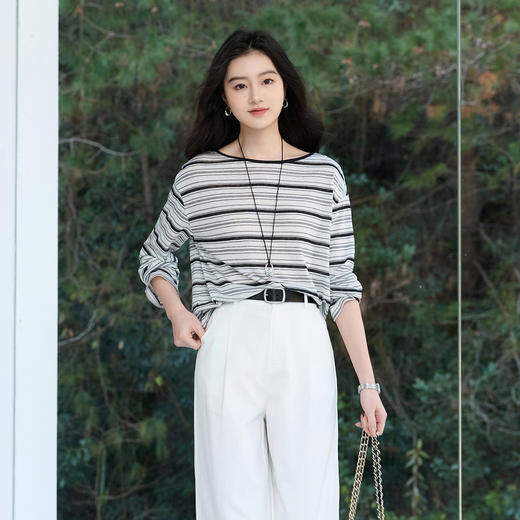 【莱赛尔】三彩2026春季新款一字领条纹T恤长袖上衣宽松罩衫S 商品图3
