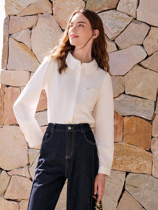 【百图lulu定制】【维纳斯衬衫】 蕾丝 钩花翻领白色长袖衬衫 商品图3