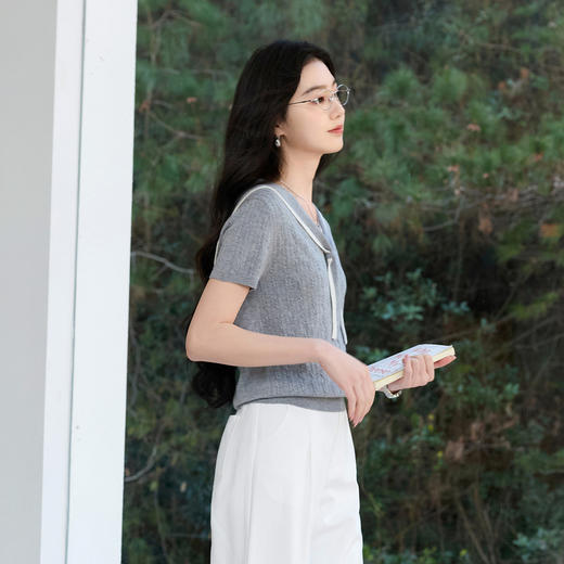 三彩2026春季新款海军领毛衣绞花肌理针织短袖毛衫套头上衣灰色S 商品图2