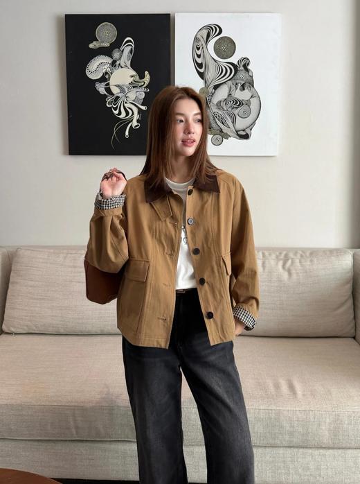 【猎装夹克】精梳长绒棉100%棉定制面料，触感柔软中带硬挺~撞色灯芯绒小翻领+插肩袖设计小短款WD 商品图5