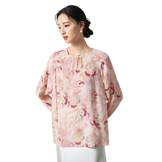 QS原创新中式重磅印花上衣20姆米丝粘重绉中长26春国风衬衣小衫2803 商品图4