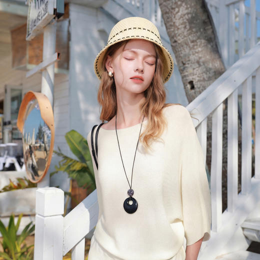 三彩2026新款米白针织水桶盆帽遮阳编织显脸小撞色时尚休闲度假女 商品图3