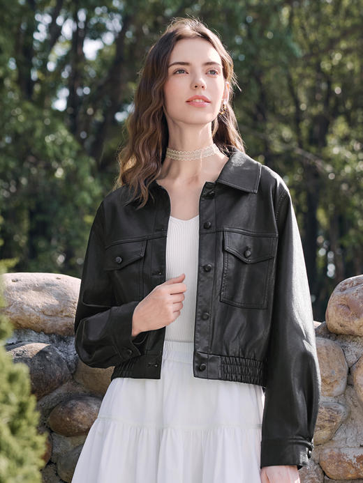 【百图lulu定制】【银座皮衣】翻领 口袋 收腰 刚柔并济皮衣外套 商品图11