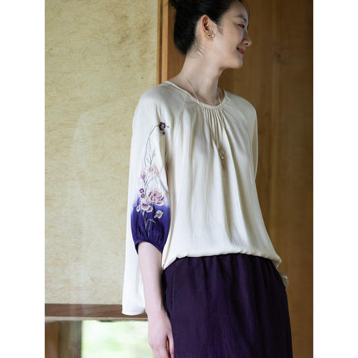 牧衣游原创22姆米重磅吊染手工刺绣桑蚕丝衬衫古朴禅意上衣 茶露 商品图1