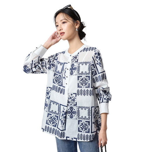 QS真丝复古印花衬衫26春显瘦百搭上衣亨利领开衫时尚2917 商品图4