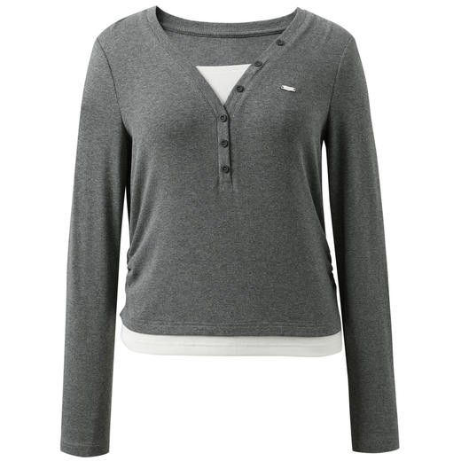 三彩2026春季新款假两件T恤V领拼接套头衫修身短款上衣长袖M 商品图4