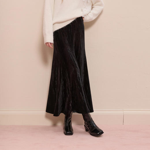 三彩2026春季新款丝绒半身裙松紧腰A字裙长裙优雅气质M 商品图1