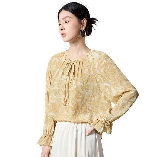 QS100%桑蚕丝高级感衬衫26春灯笼袖小衫双绉绑带印花女小衫上衣2979 商品图4