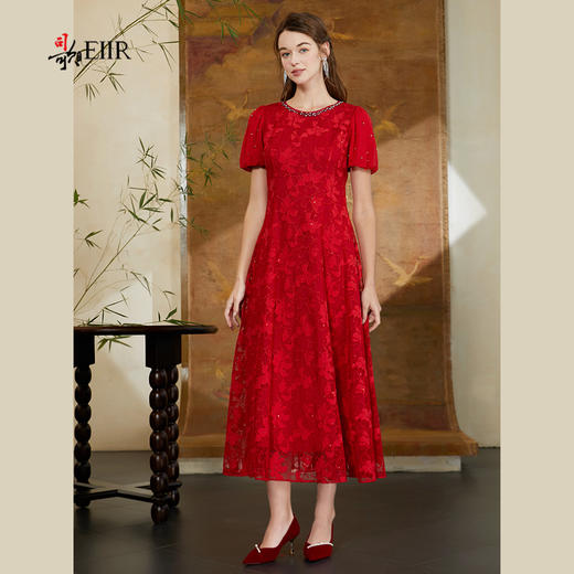 司歌喜庆红裙蕾丝中长裙短袖夏A911048X 商品图0