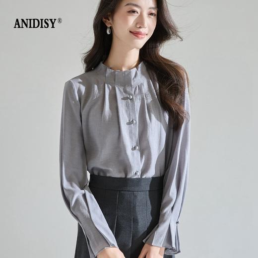 复古宫廷风木耳边立领喇叭长袖单排扣衬衫 商品图2