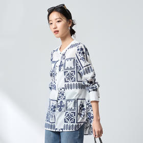 QS真丝复古印花衬衫26春显瘦百搭上衣亨利领开衫时尚2917