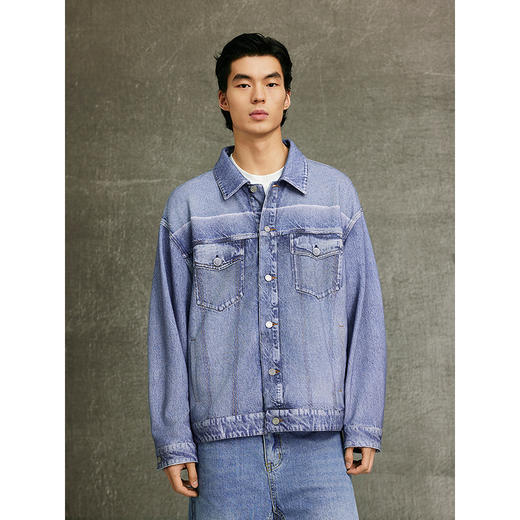 GXG男装 蓝色仿牛仔印花简约时尚翻领夹克25年春热卖G25X211030 商品图4