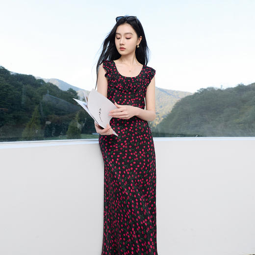 三彩2026春季新款荷叶边碎花连衣裙A字裙收腰长裙气质浪漫法式S 商品图2