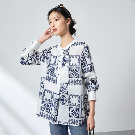 QS真丝复古印花衬衫26春显瘦百搭上衣亨利领开衫时尚2917 商品图1